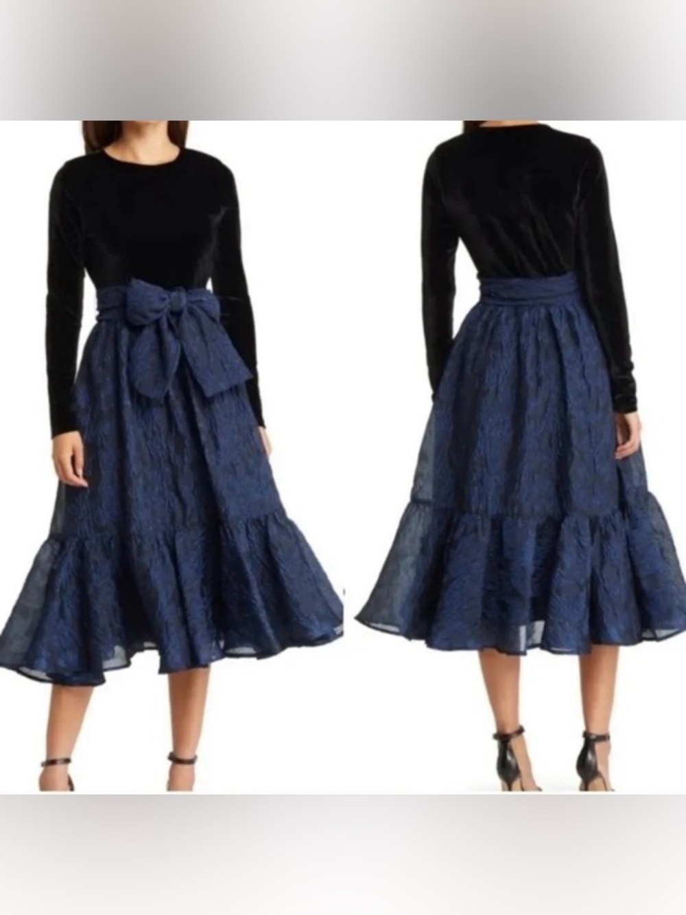 NWT Rachel Parcell Velvet & Tie-Waist Jacquard Midi Dress size 8 black navy